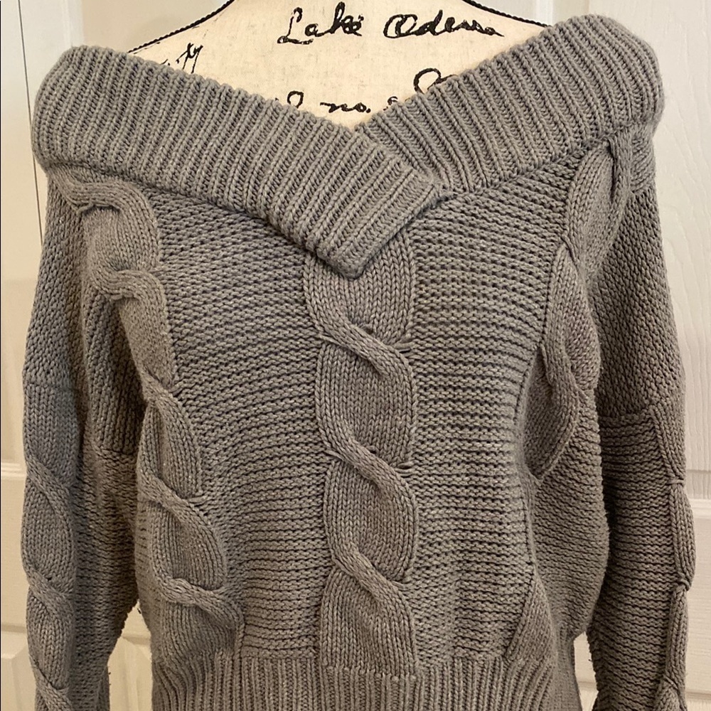 Alya Deep V neck Off the Shoulder Gray Cable Knit Sweater Cozy
